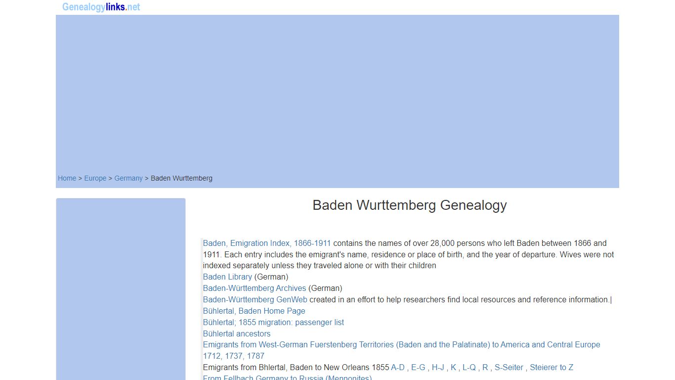 Baden Wurttemburg, Germany Genealogy - over 40 genealogy links