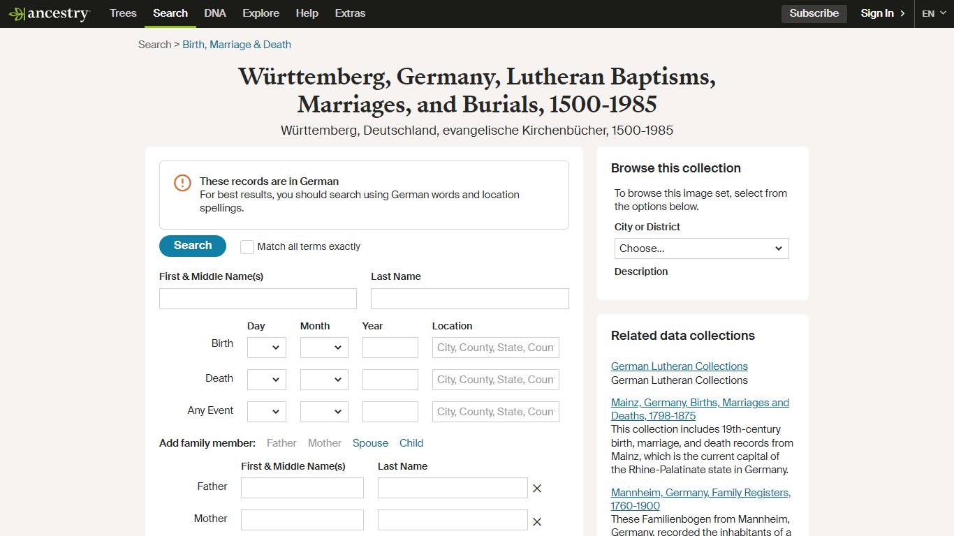 Württemberg, Germany, Lutheran Baptisms, Marriages, and ...